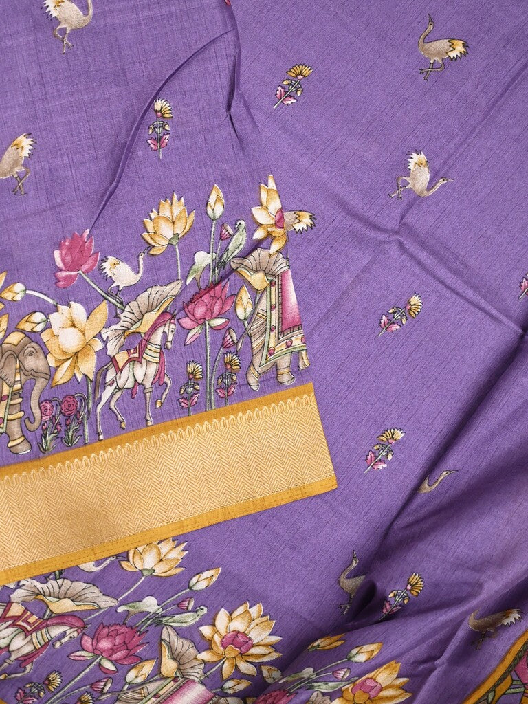 Dola silk fancy saree dark lavender color allover prints & zari border with printed pallu and printed blouse