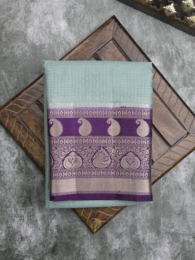 Kora fancy saree light blue color allover checks with zari border and rich pallu & brocade blouse