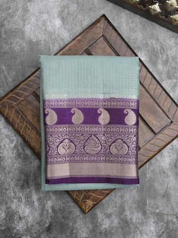 Kora fancy saree light blue color allover checks with zari border and rich pallu & brocade blouse