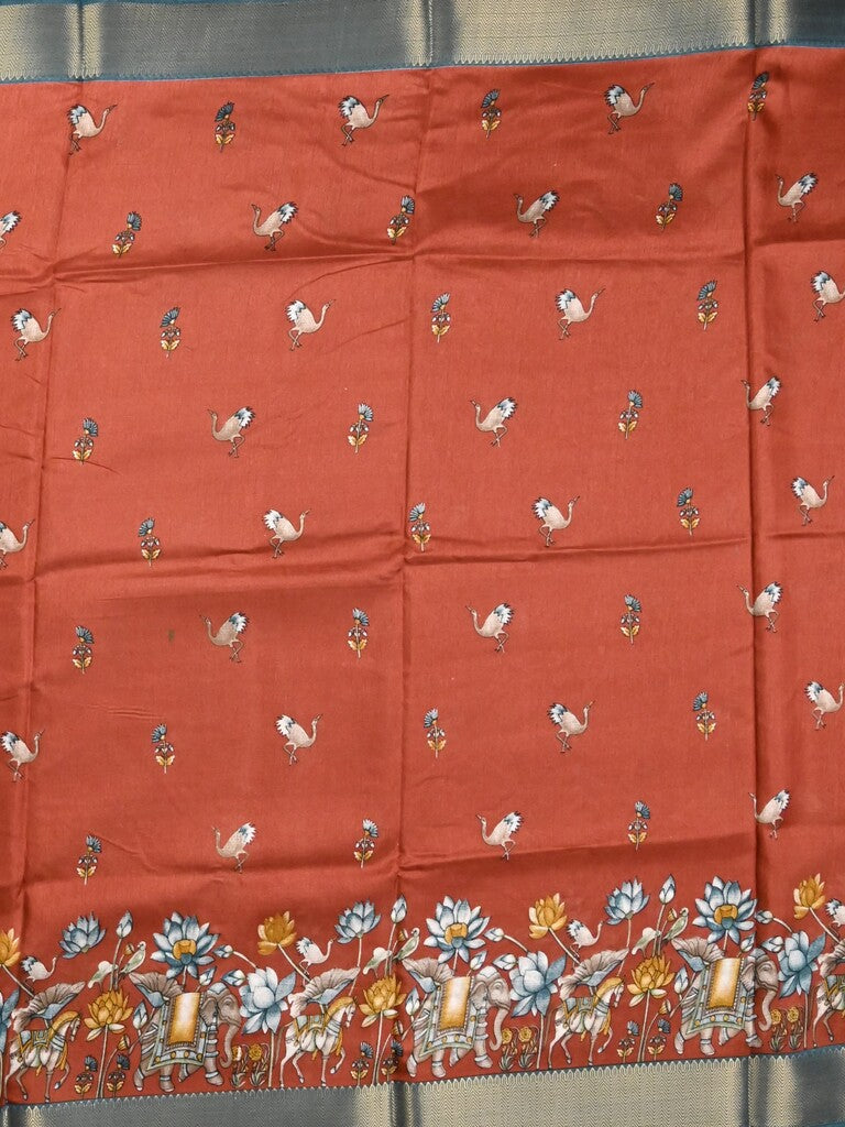 Dola silk fancy saree red color allover prints & zari border with printed pallu and printed blouse