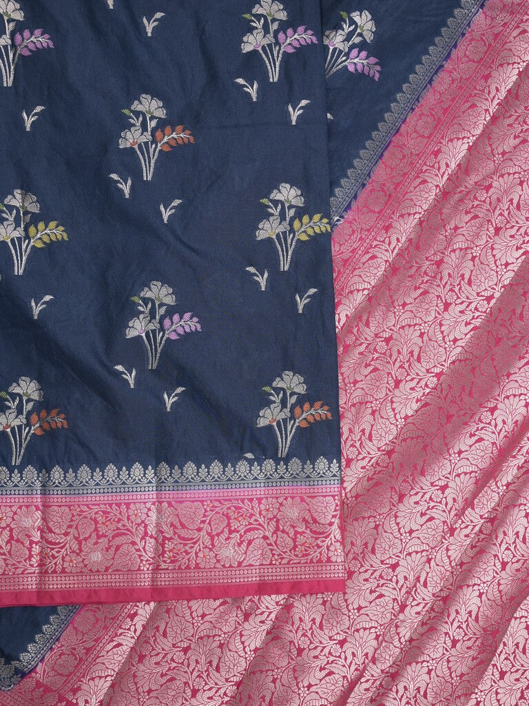 Raw mango fancy saree in navy blue color with allover zari motifs and zari border with brocade pallu & blouse