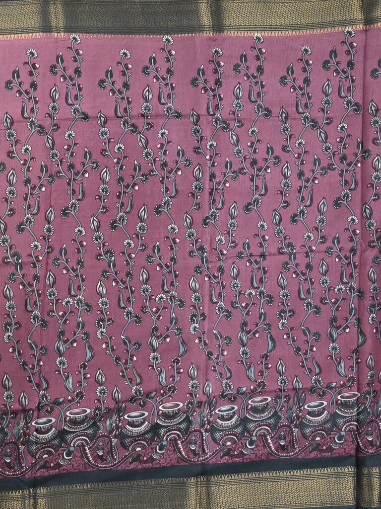 Dola silk fancy saree purple color allover prints & zari border with printed pallu and printed blouse