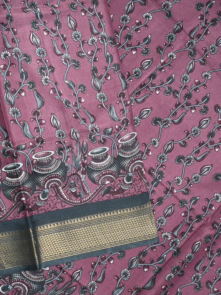 Dola silk fancy saree purple color allover prints & zari border with printed pallu and printed blouse