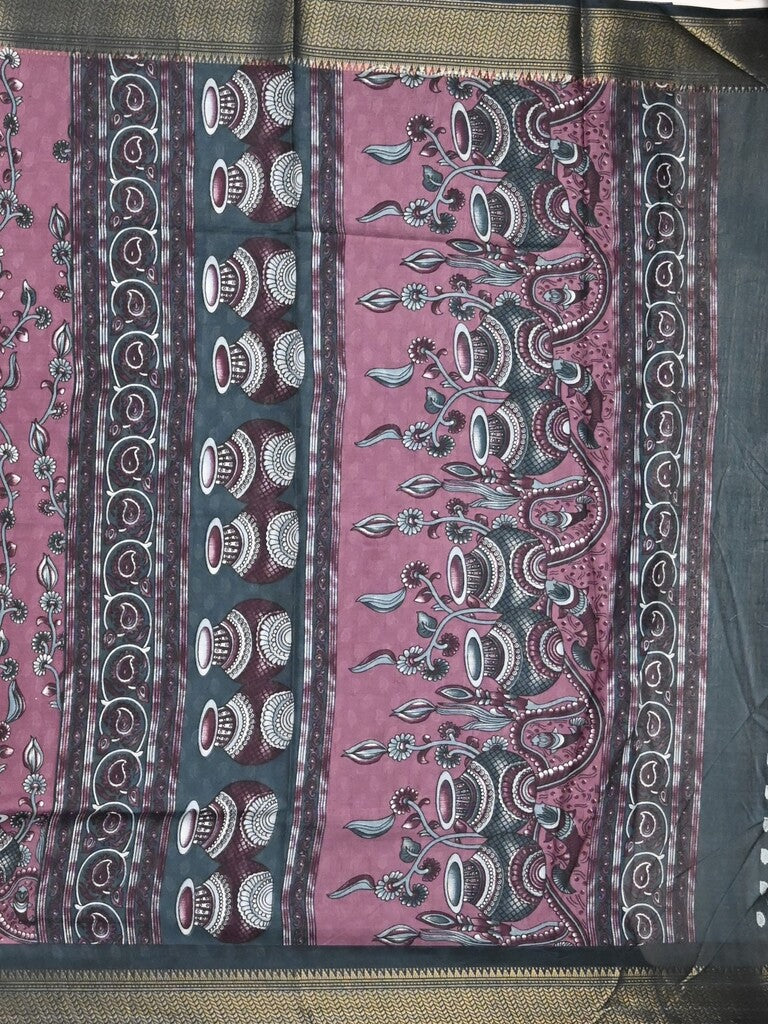 Dola silk fancy saree purple color allover prints & zari border with printed pallu and printed blouse