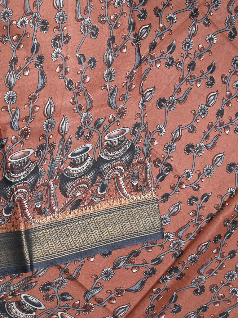 Dola silk fancy saree peach color allover prints & zari border with printed pallu and printed blouse