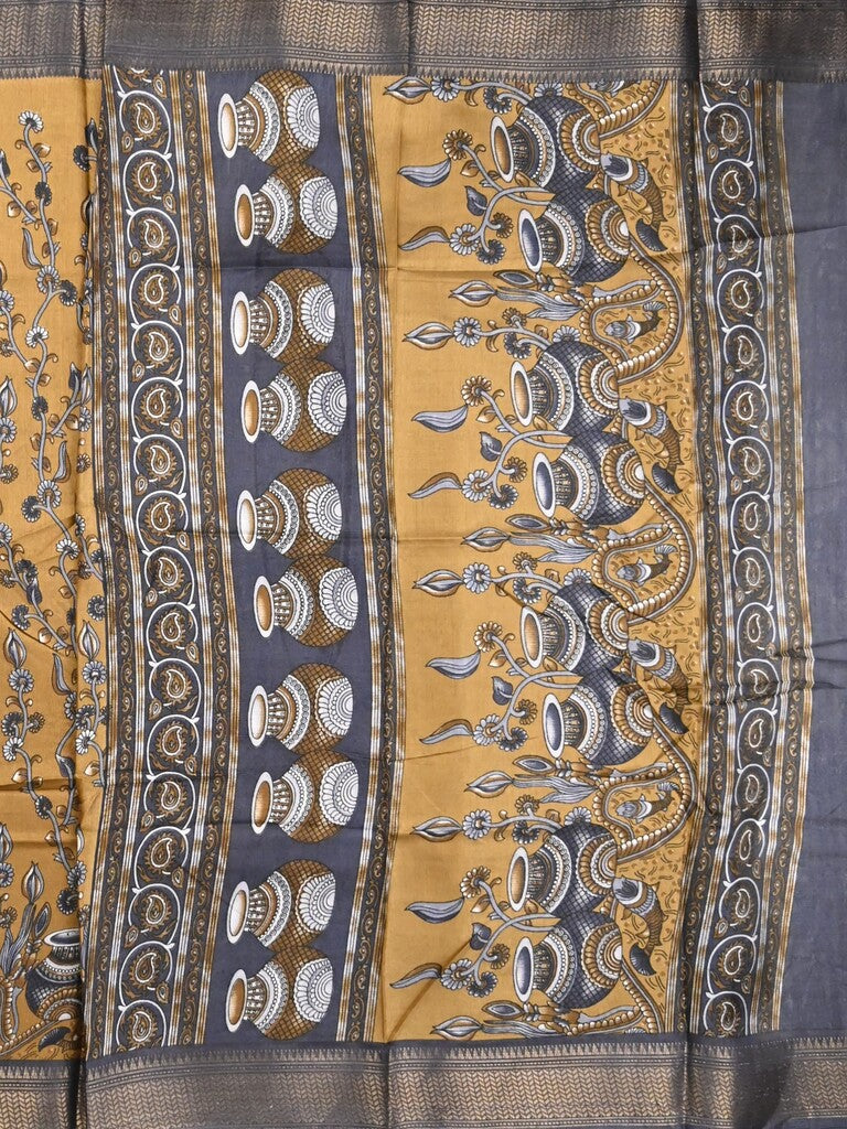 Dola silk fancy saree mustard yellow color allover prints & zari border with printed pallu and printed blouse