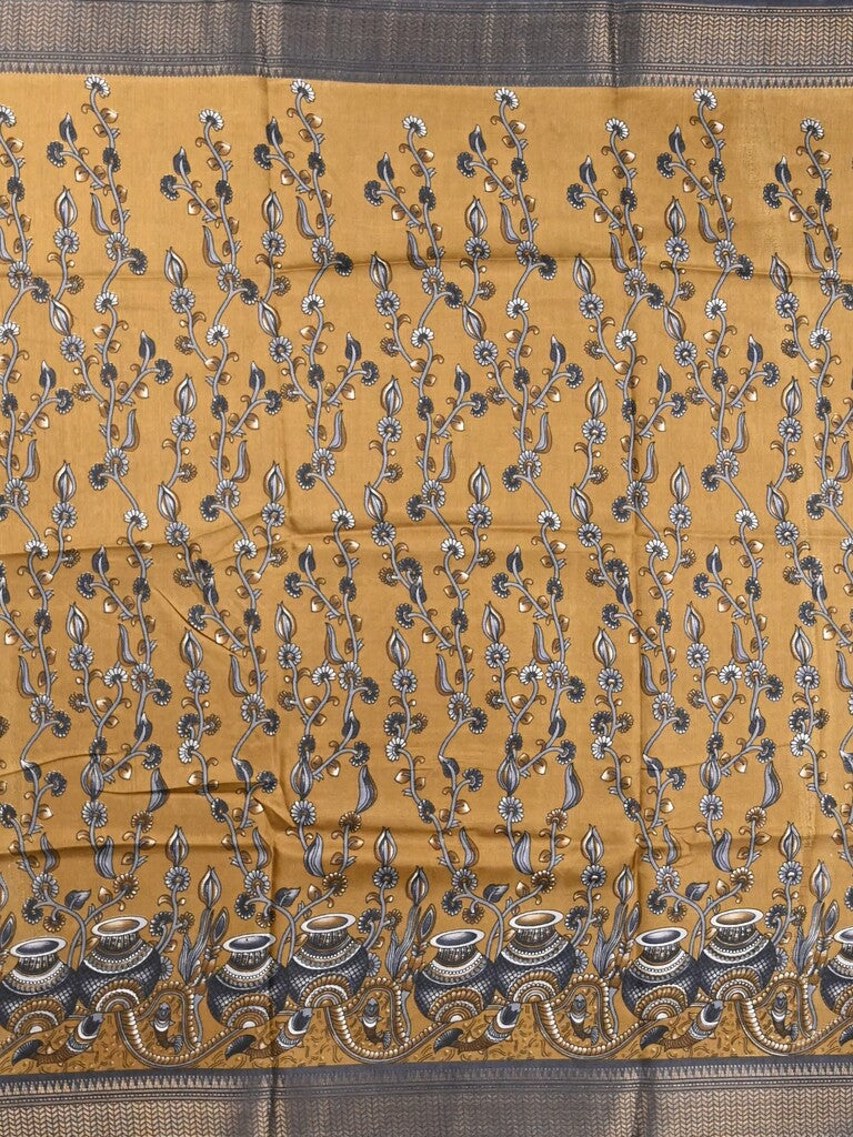 Dola silk fancy saree mustard yellow color allover prints & zari border with printed pallu and printed blouse