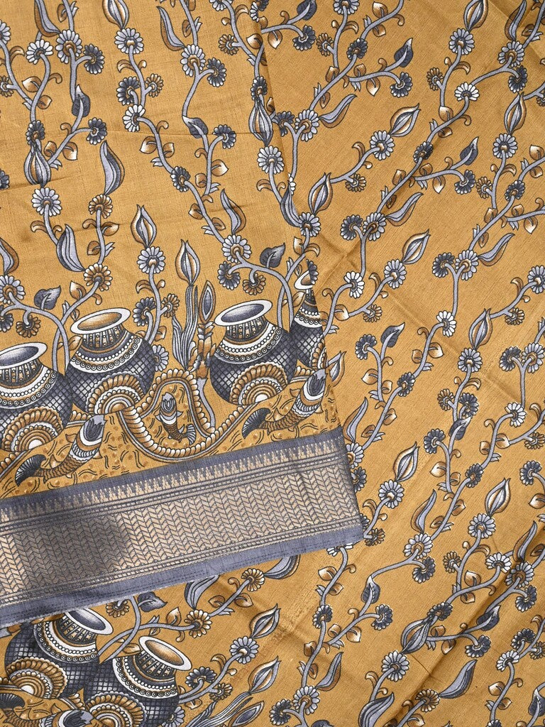 Dola silk fancy saree mustard yellow color allover prints & zari border with printed pallu and printed blouse