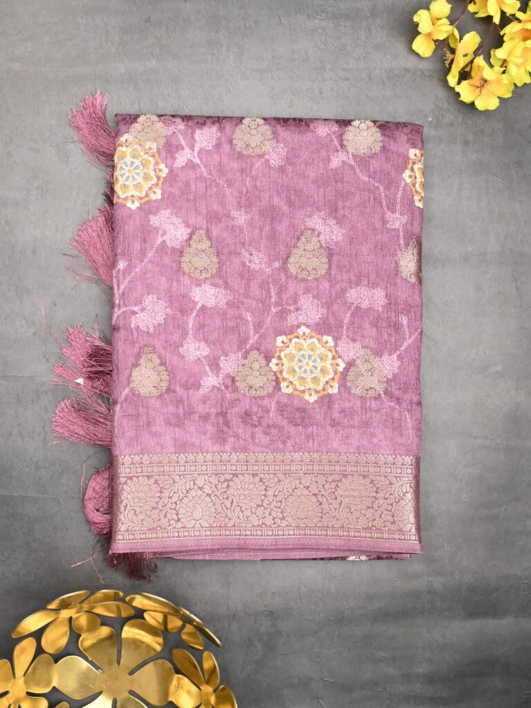 Dola silk fancy saree purple color allover prints & zari border with printed pallu and printed blouse