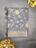 Dola silk fancy saree grey color allover prints & zari border with printed pallu and printed blouse