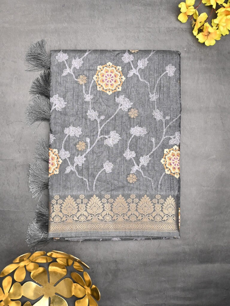 Dola silk fancy saree grey color allover prints & zari border with printed pallu and printed blouse