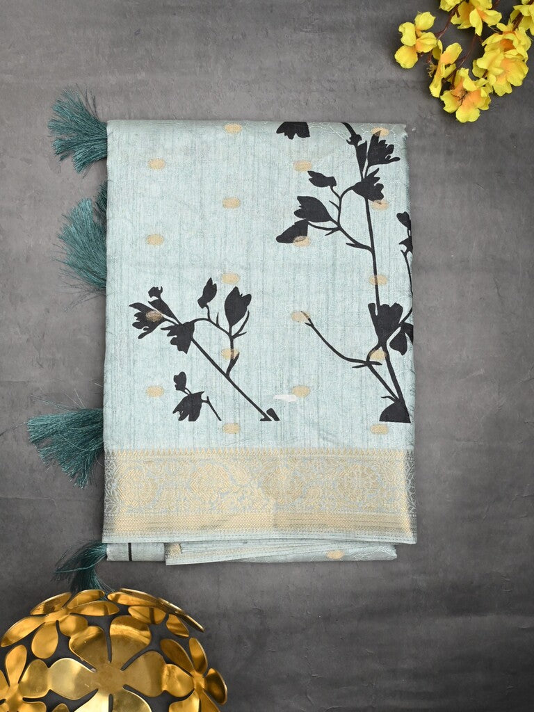 Dola silk fancy saree light blue color allover prints & zari border with printed pallu and printed blouse