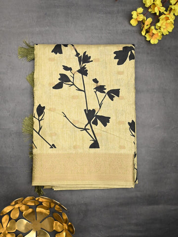 Dola silk fancy saree pastel yellow color allover prints & zari border with printed pallu and printed blouse