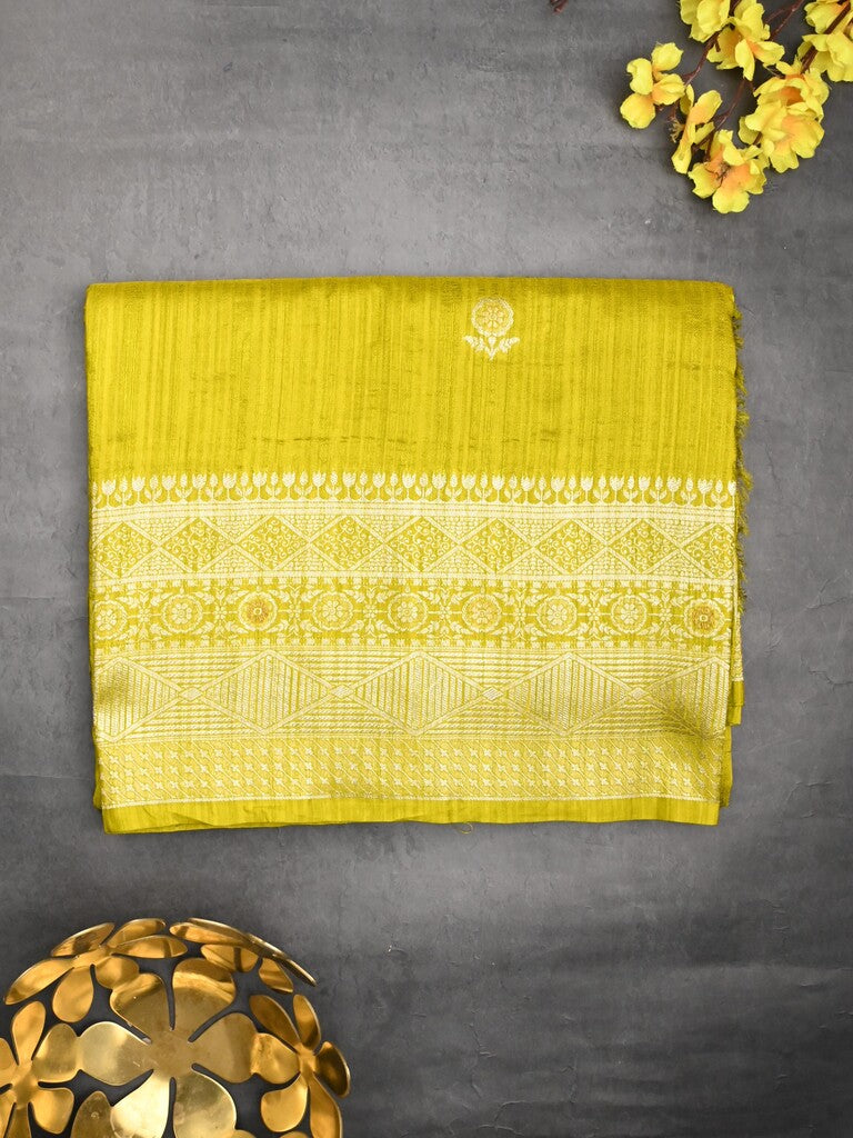 Jute sik fancy saree golden yellow color allover zari motifs & zari border with rich pallu and attached blouse