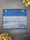 Jute sik fancy saree blue color allover zari motifs & zari border with rich pallu and attached blouse