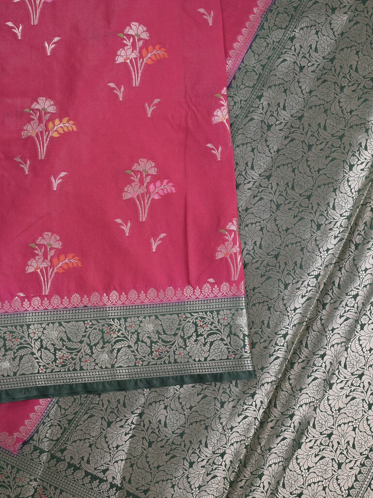 Raw mango fancy saree in pink color with allover zari motifs and zari border with brocade pallu & blouse