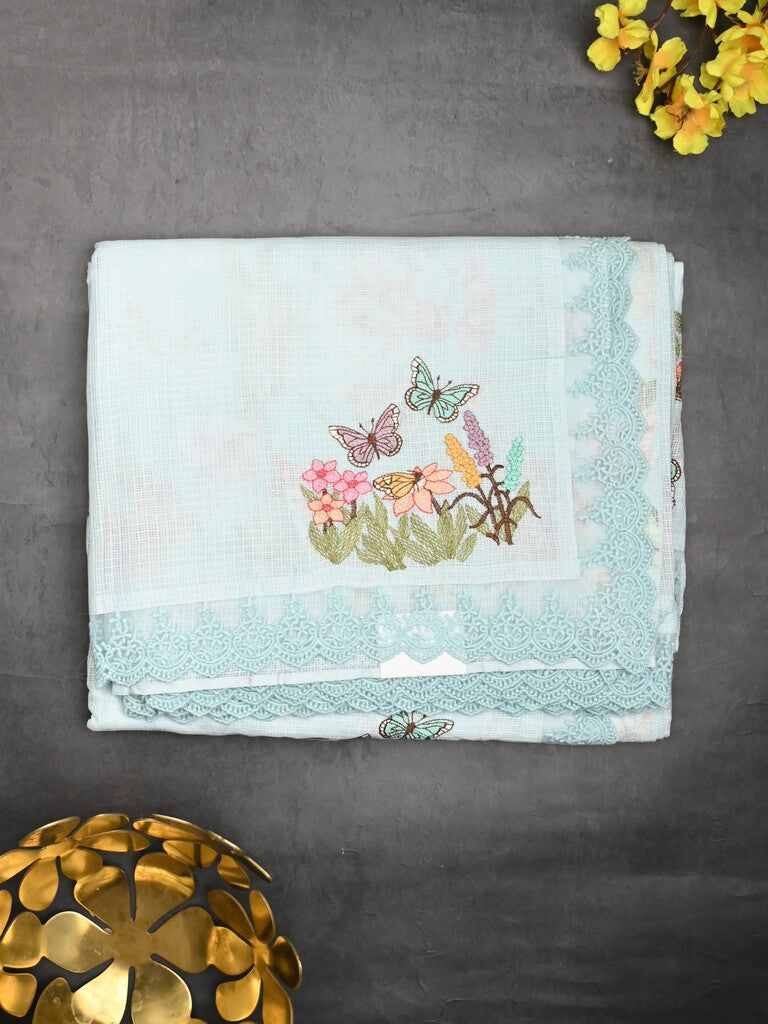 Kota fancy saree pastel blue color allover embroidery & fancy border with printed pallu and printed blouse