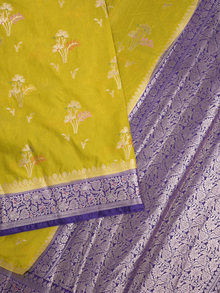 Raw mango fancy saree in golden yellow color with allover zari motifs and zari border with brocade pallu & blouse