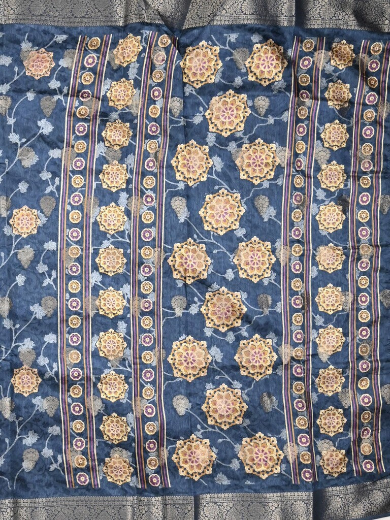 Dola silk fancy saree navy blue color allover prints & zari border with printed pallu and printed blouse