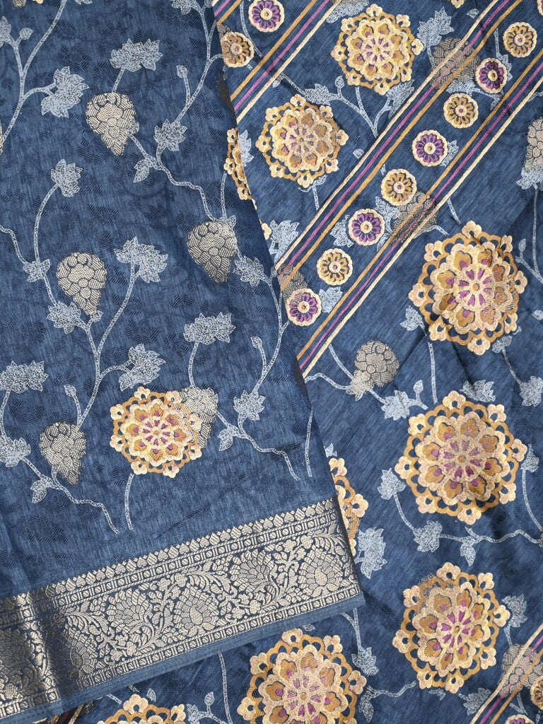 Dola silk fancy saree navy blue color allover prints & zari border with printed pallu and printed blouse