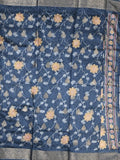Dola silk fancy saree navy blue color allover prints & zari border with printed pallu and printed blouse