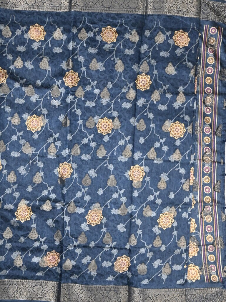 Dola silk fancy saree navy blue color allover prints & zari border with printed pallu and printed blouse