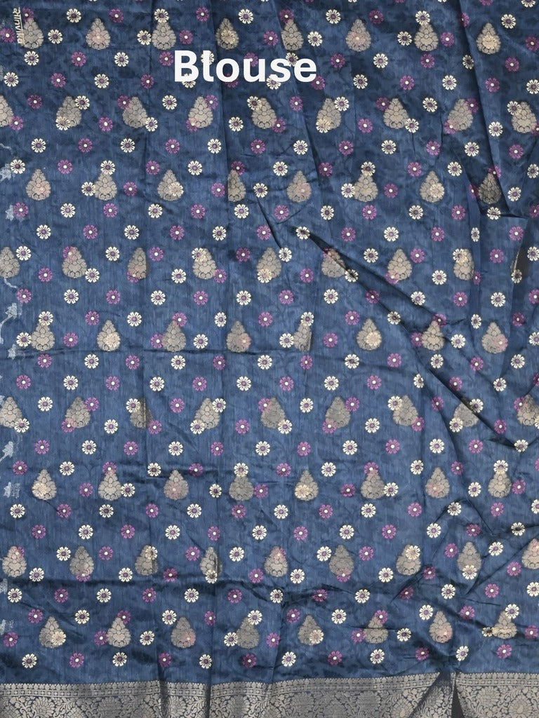 Dola silk fancy saree navy blue color allover prints & zari border with printed pallu and printed blouse