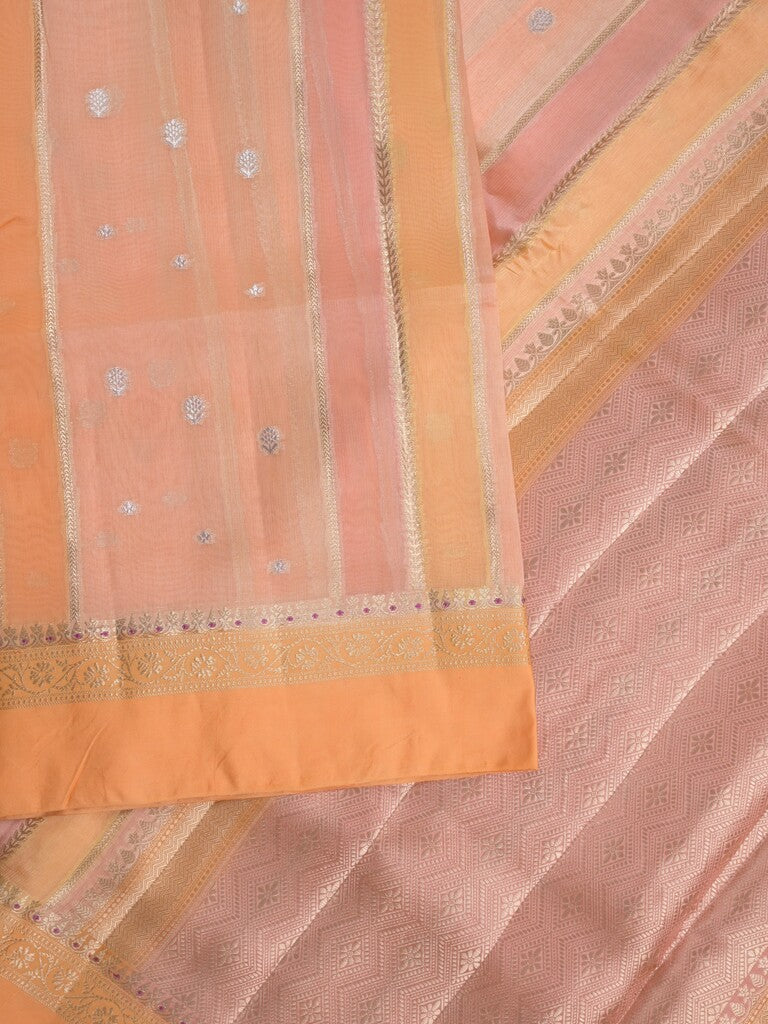 Raw mango fancy saree in peach color with allover zari weaves and zari border with brocade pallu & blouse