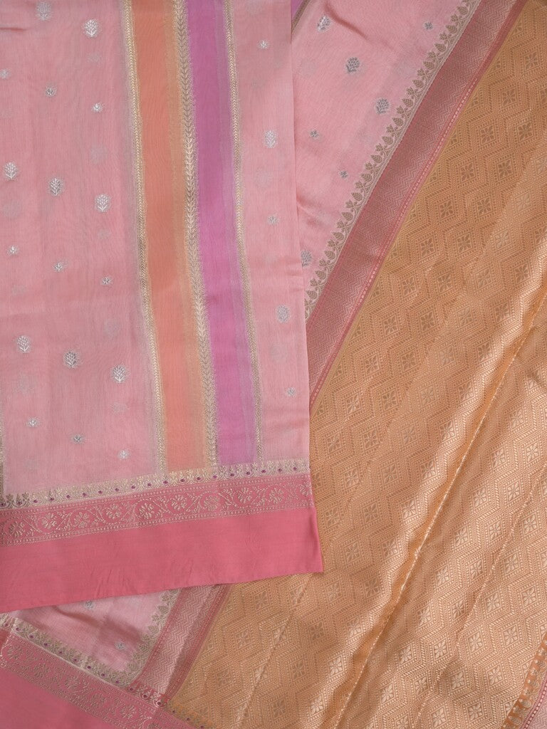 Raw mango fancy saree in light pink color with allover zari weaves and zari border with brocade pallu & blouse