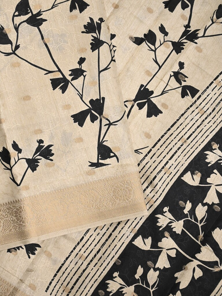 Dola silk fancy saree light cream color allover prints & zari border with printed pallu and printed blouse