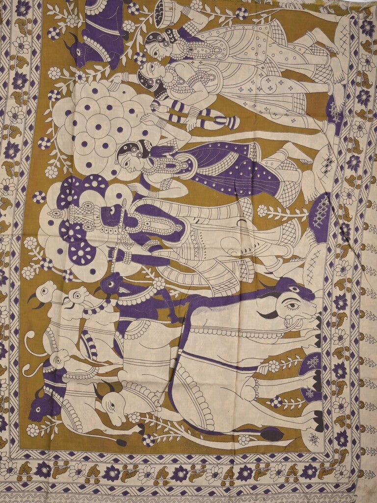 Kalamkari silk fancy saree in cream color with contrast border & printed pallu and printed blouse