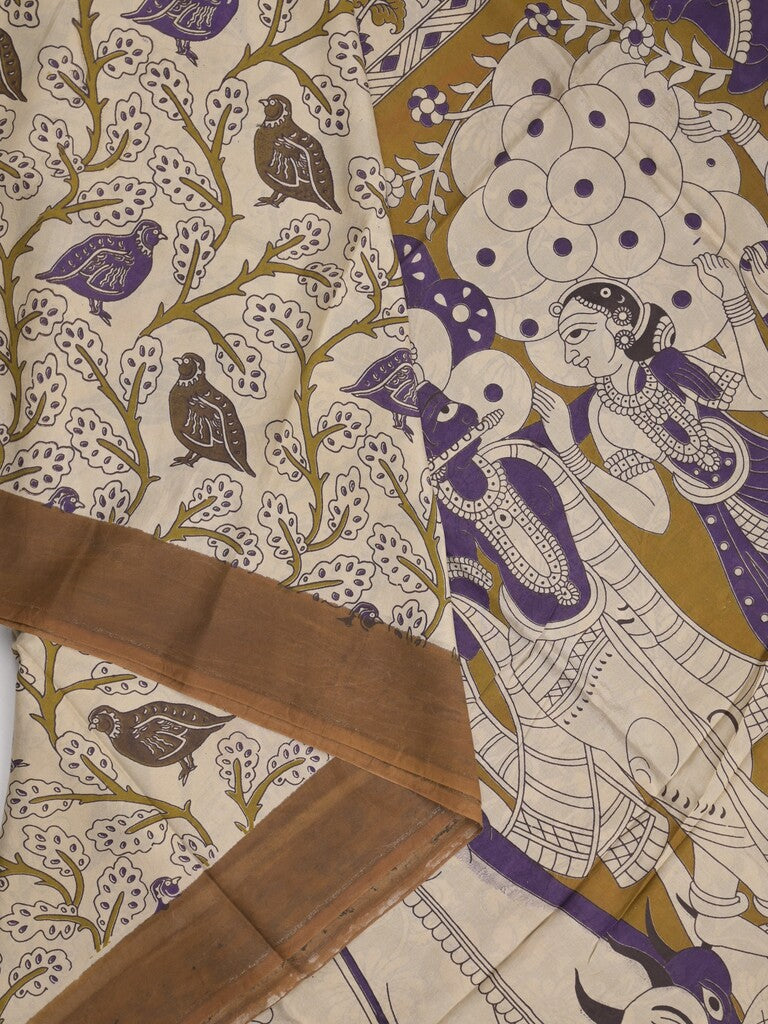 Kalamkari silk fancy saree in cream color with contrast border & printed pallu and printed blouse