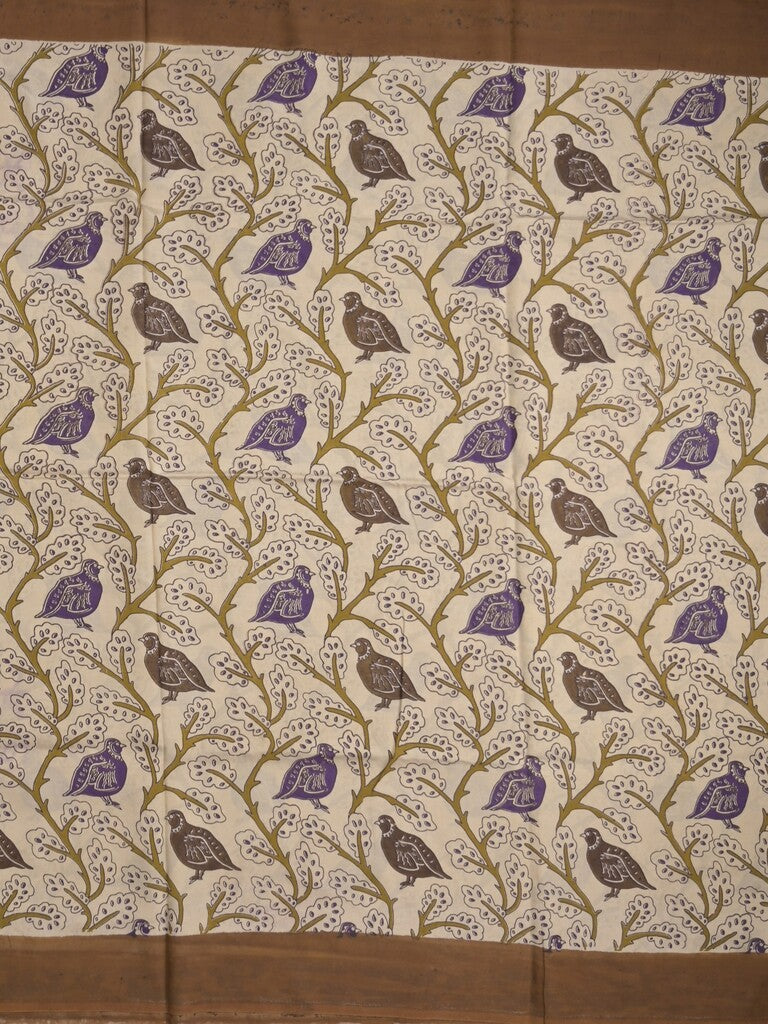 Kalamkari silk fancy saree in cream color with contrast border & printed pallu and printed blouse