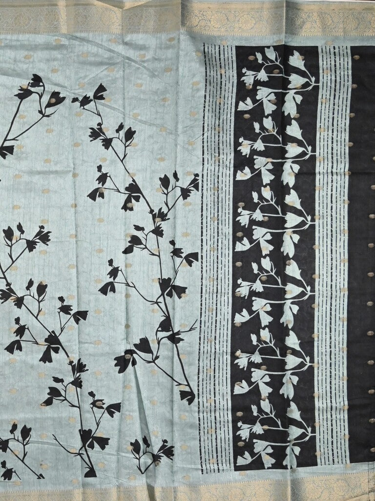Dola silk fancy saree light blue color allover prints & zari border with printed pallu and printed blouse