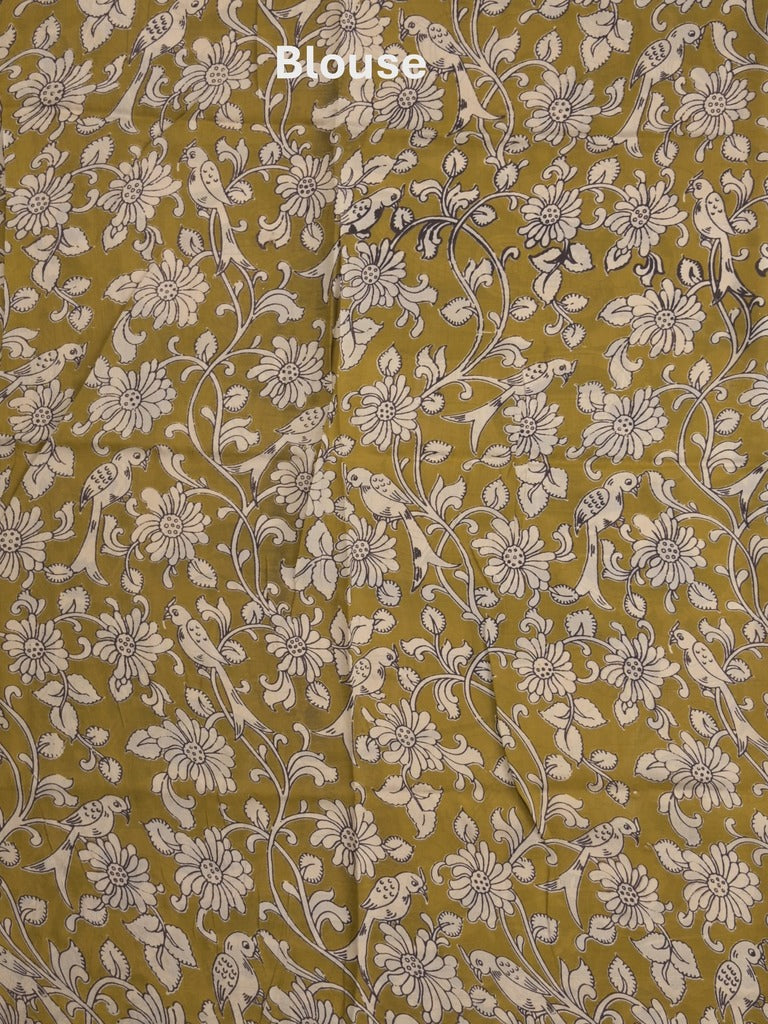 Kalamkari silk fancy saree in cream color with contrast border & printed pallu and printed blouse