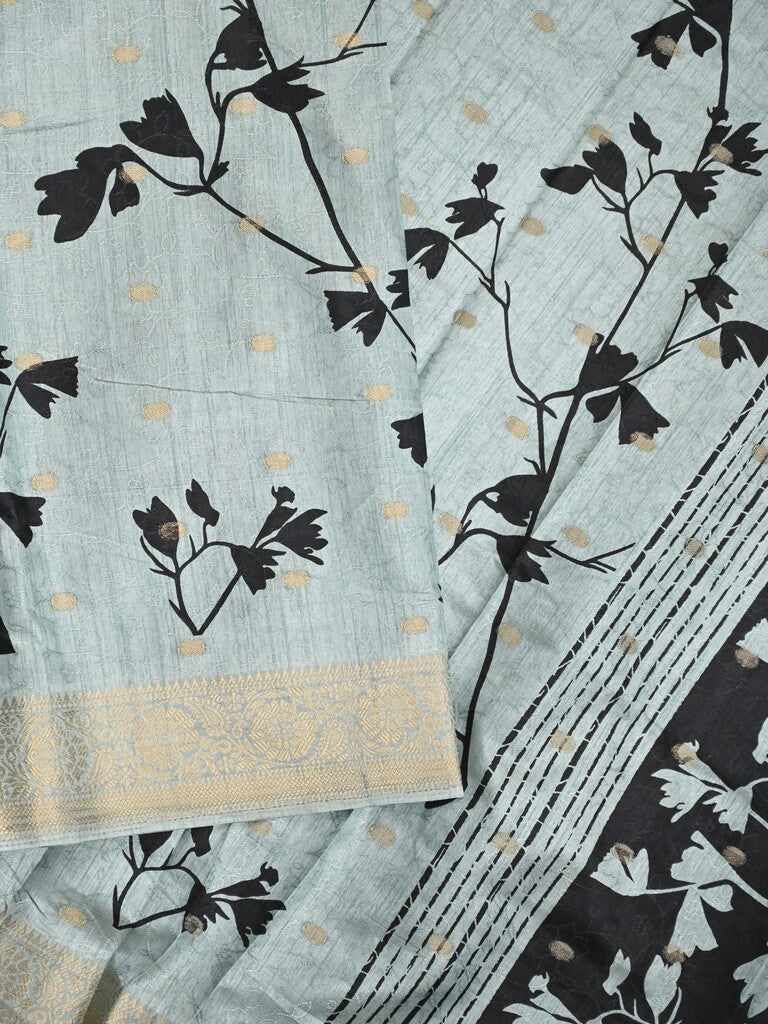 Dola silk fancy saree light blue color allover prints & zari border with printed pallu and printed blouse