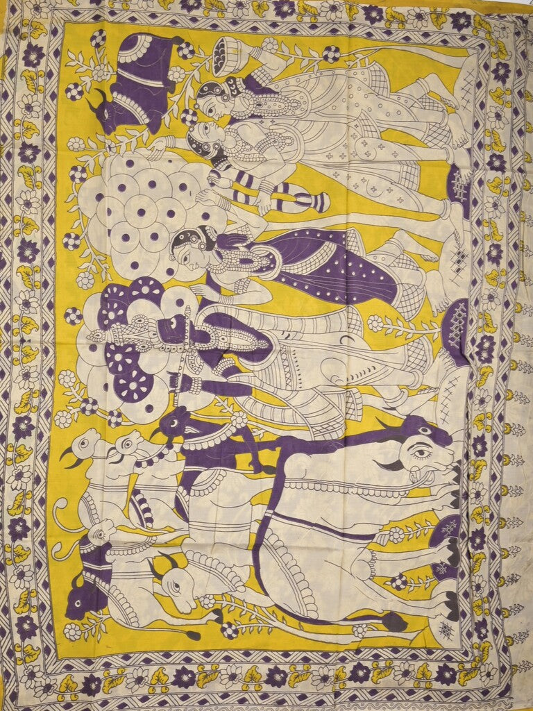 Kalamkari silk fancy saree in light cream color with contrast border & printed pallu and printed blouse