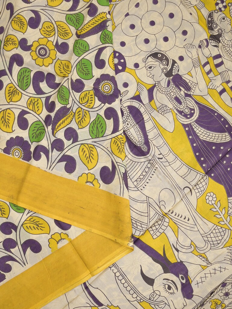 Kalamkari silk fancy saree in light cream color with contrast border & printed pallu and printed blouse