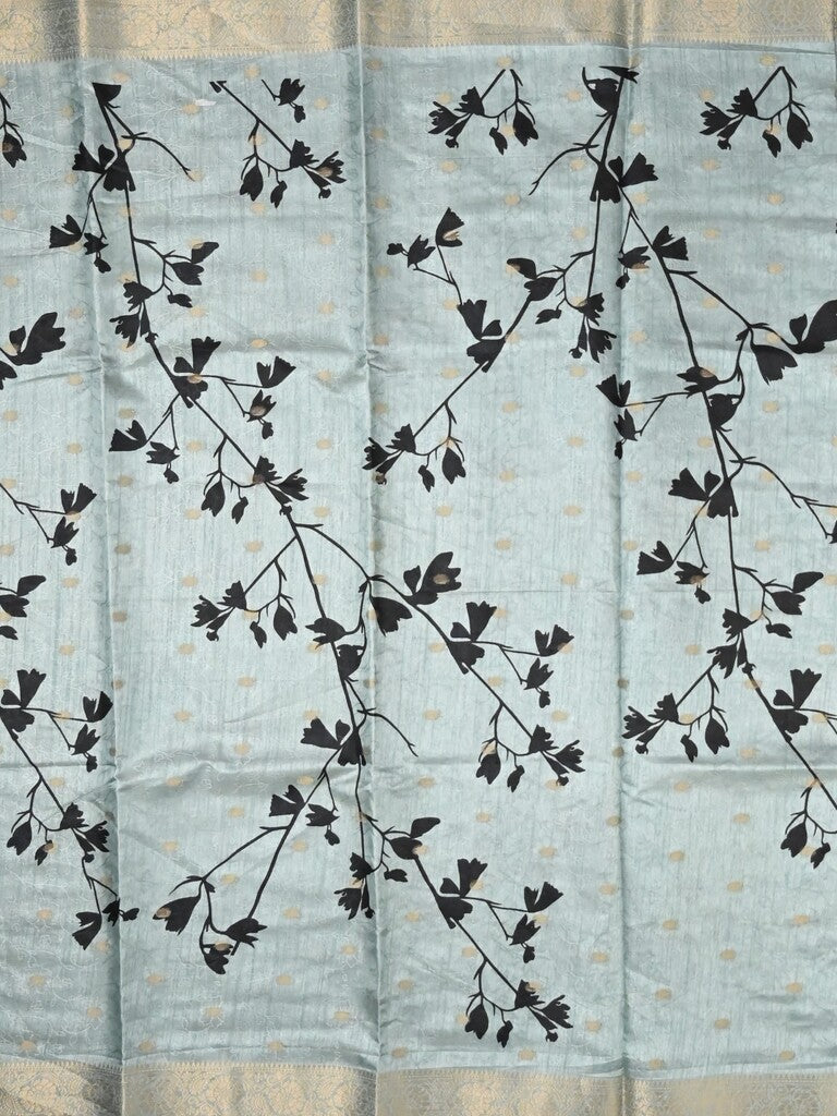 Dola silk fancy saree light blue color allover prints & zari border with printed pallu and printed blouse