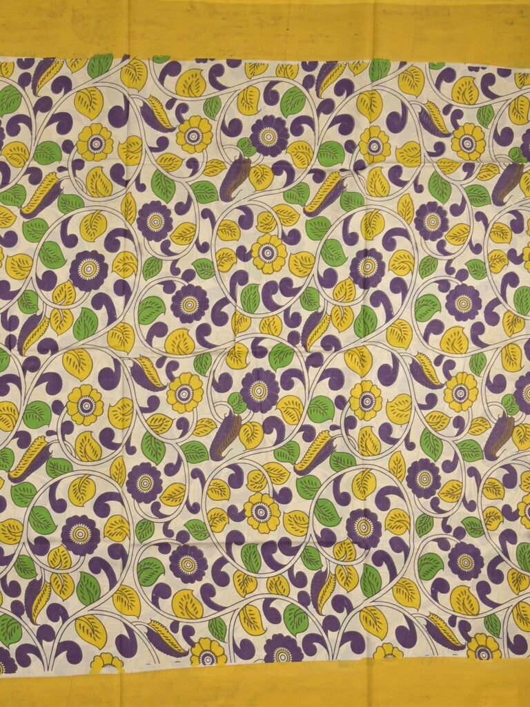 Kalamkari silk fancy saree in light cream color with contrast border & printed pallu and printed blouse