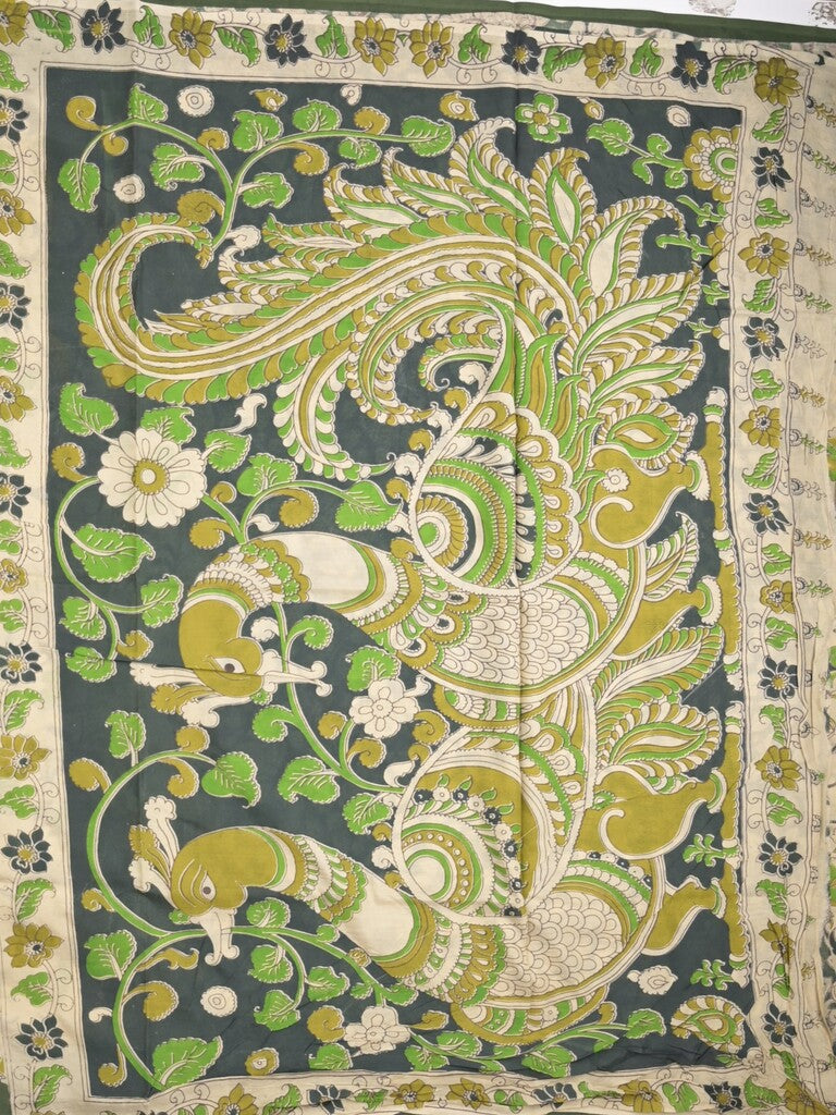 Kalamkari silk fancy saree in light cream color with contrast border & printed pallu and printed blouse