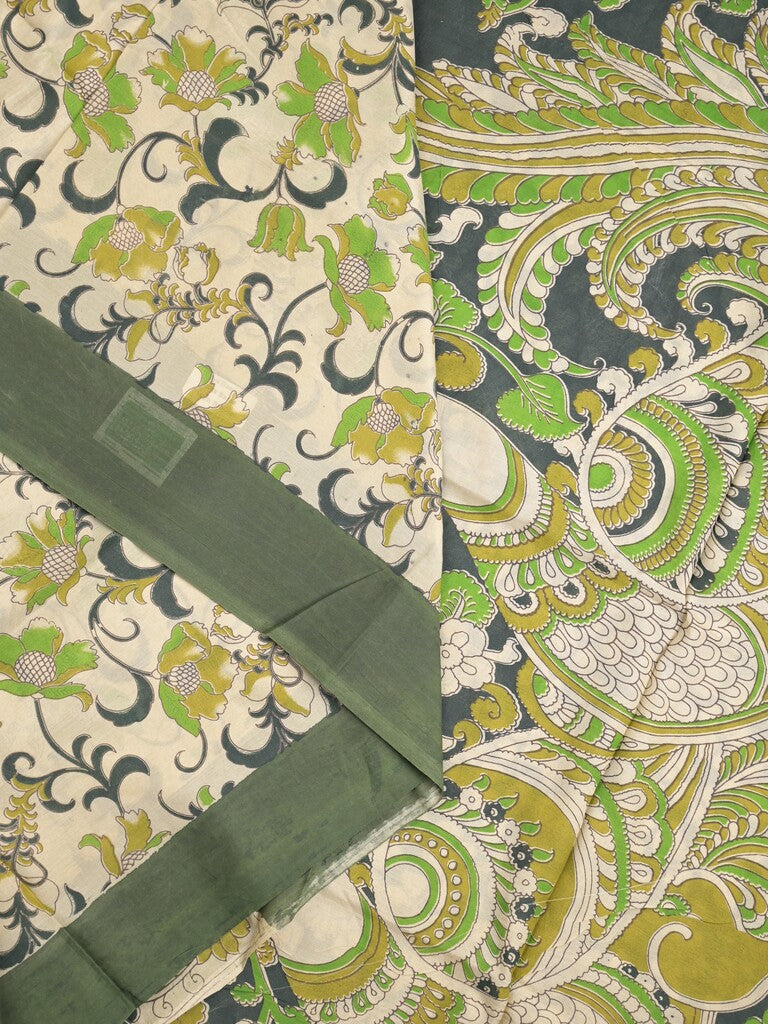 Kalamkari silk fancy saree in light cream color with contrast border & printed pallu and printed blouse