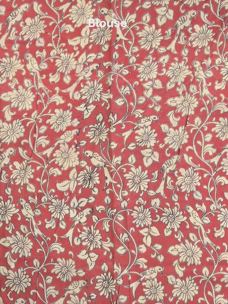 Kalamkari silk fancy saree in light cream color with contrast border & printed pallu and printed blouse