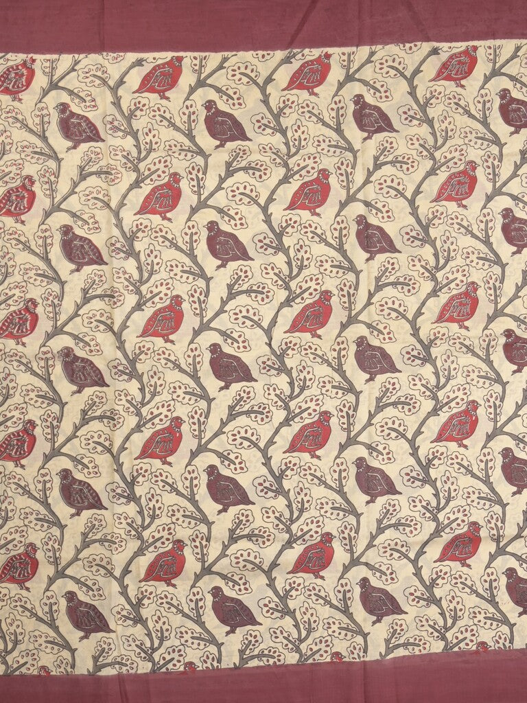 Kalamkari silk fancy saree in light cream color with contrast border & printed pallu and printed blouse