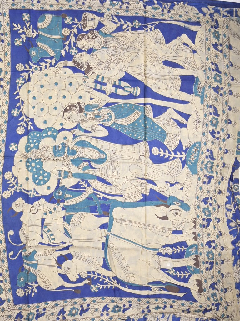 Kalamkari silk fancy saree in light cream color with contrast border & printed pallu and printed blouse
