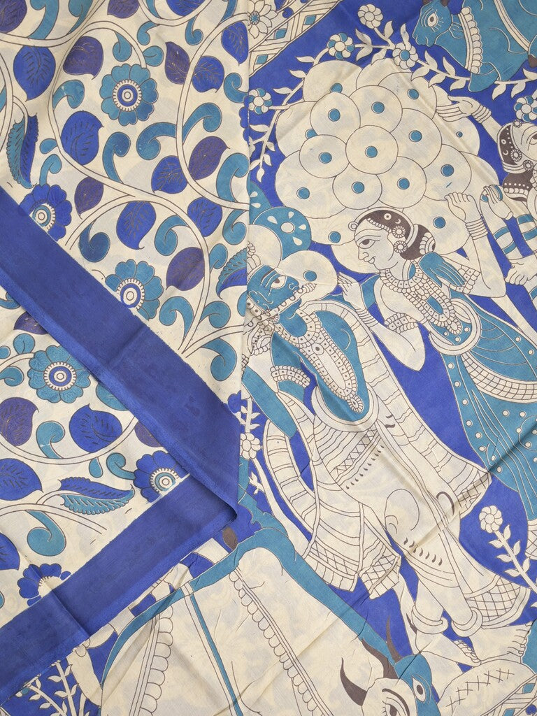 Kalamkari silk fancy saree in light cream color with contrast border & printed pallu and printed blouse