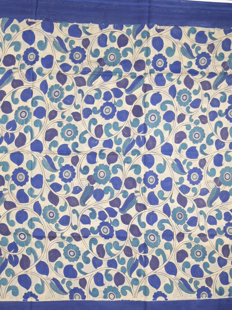 Kalamkari silk fancy saree in light cream color with contrast border & printed pallu and printed blouse