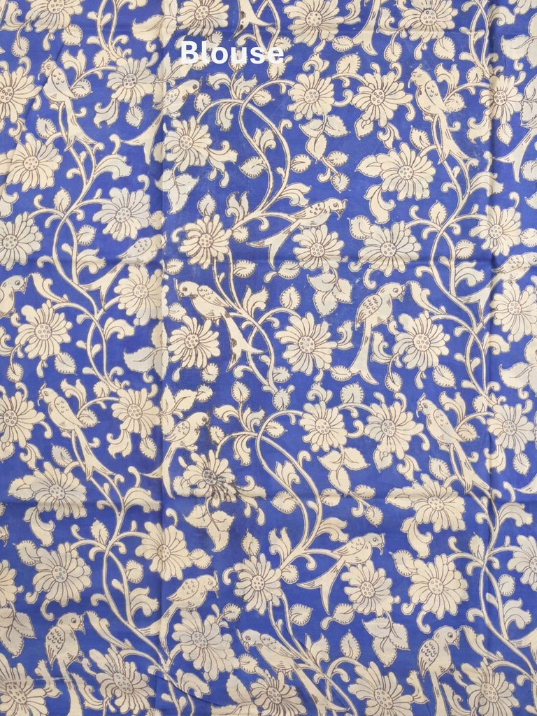 Kalamkari silk fancy saree in light cream color with contrast border & printed pallu and printed blouse