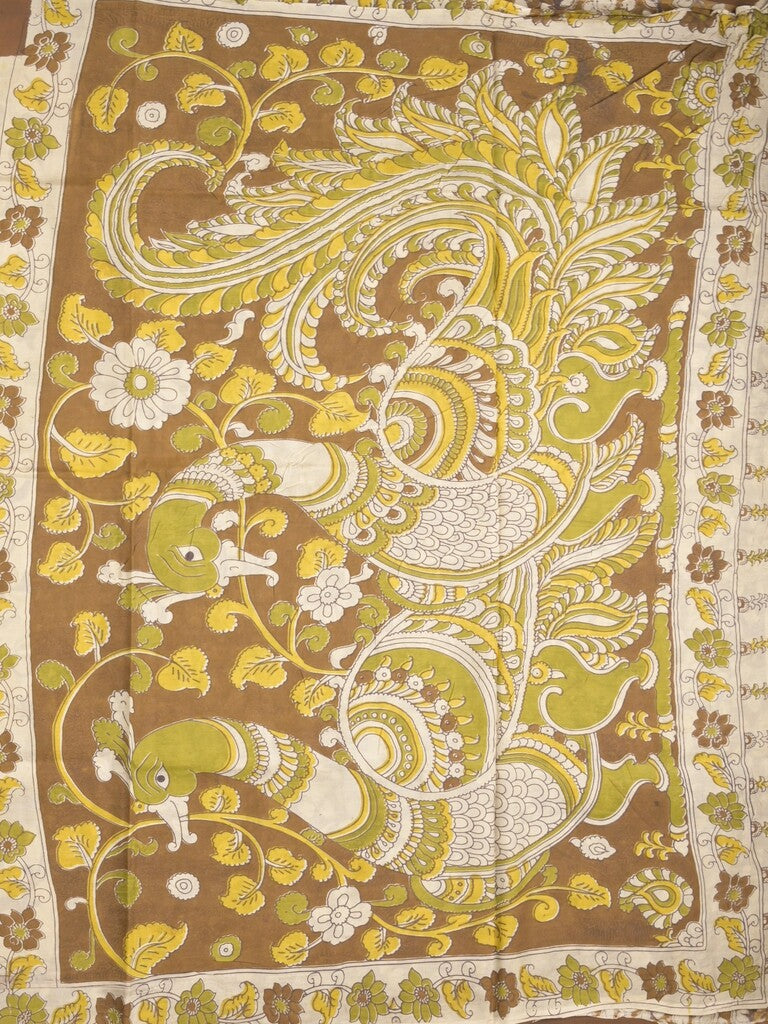 Kalamkari silk fancy saree in light cream color with contrast border & printed pallu and printed blouse
