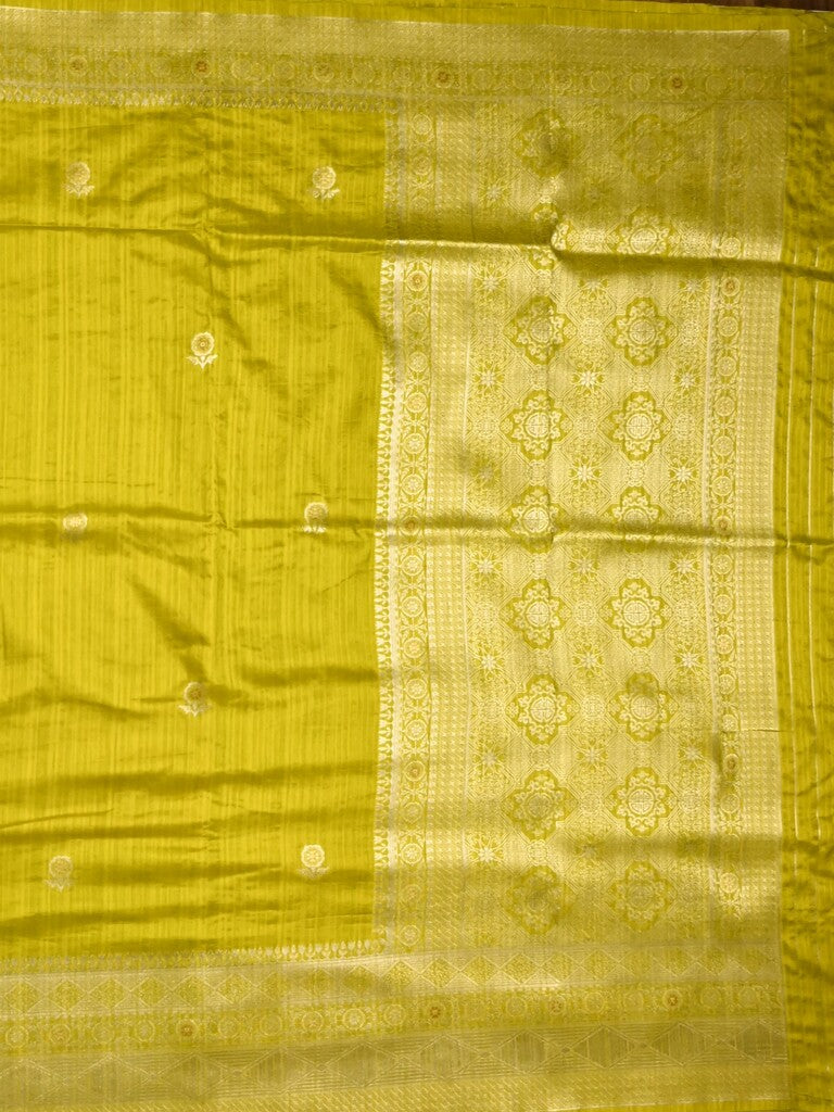 Jute sik fancy saree golden yellow color allover zari motifs & zari border with rich pallu and attached blouse